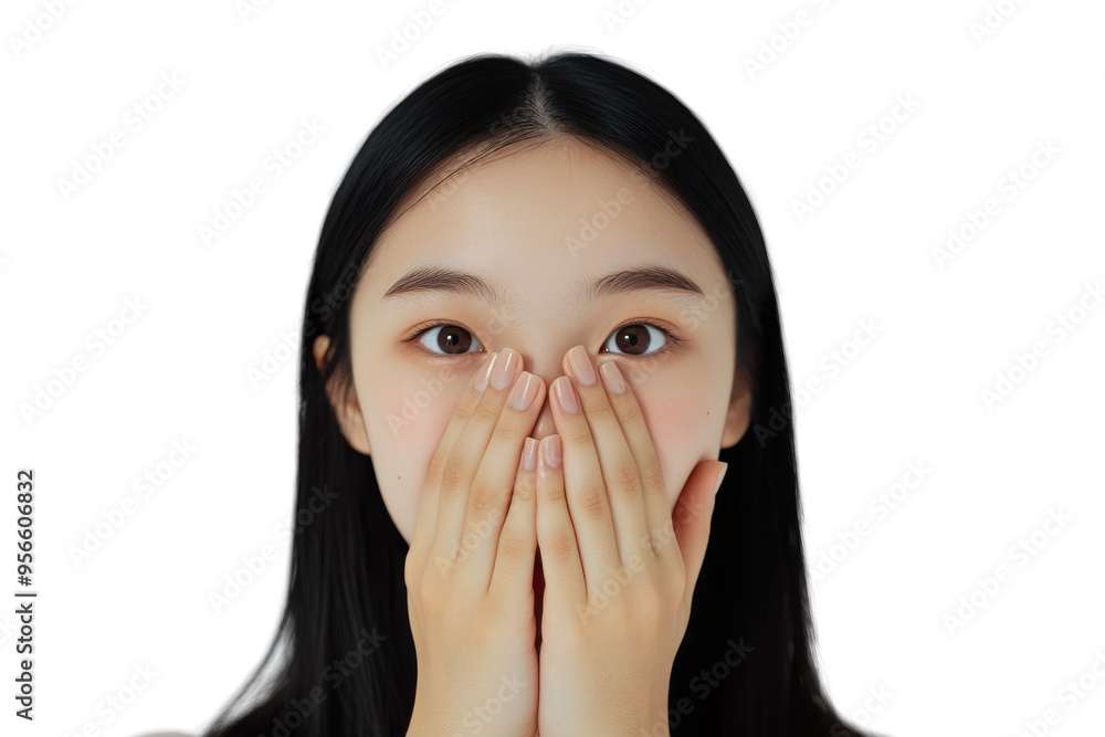 Astonished Young Asian Woman with Hands Covering Mouth on Transparent Background Astonished Young Asian Woman with Hands Covering Mouth on Transparent Background