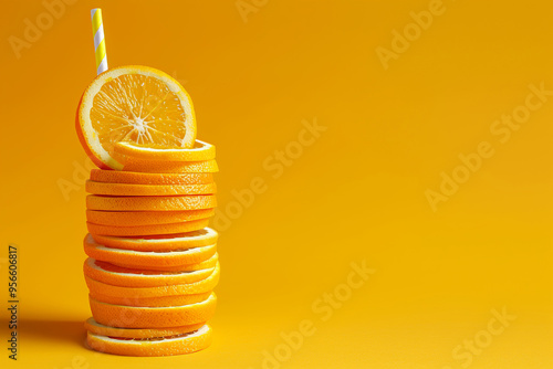 Stacked orange slices create a burst of color, complemented by a straw, inviting refreshing summer drink vibe. photo