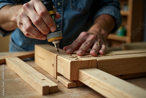 A person working with a screwdriver on a wooden material, likely for DIY or crafting purposes