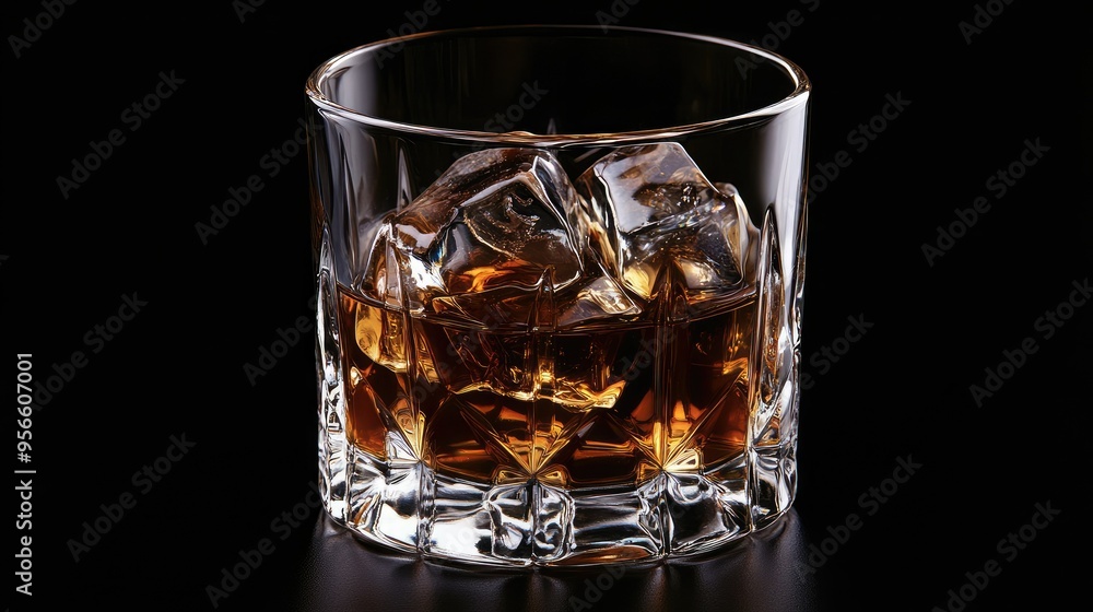Whiskey on the rocks in a crystal glass, placed on a black background with selective focus, highlighting the ice and amber hues Whiskey on the rocks in a crystal glass, placed on a black background with selective focus, highlighting the ice and amber hues