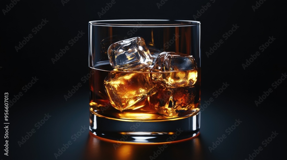 Whiskey on the rocks in a lowball glass, with ice cubes catching the light, and a moody black background emphasizing the drink's rich color Whiskey on the rocks in a lowball glass, with ice cubes catching the light, and a moody black background emphasizing the drink's rich color