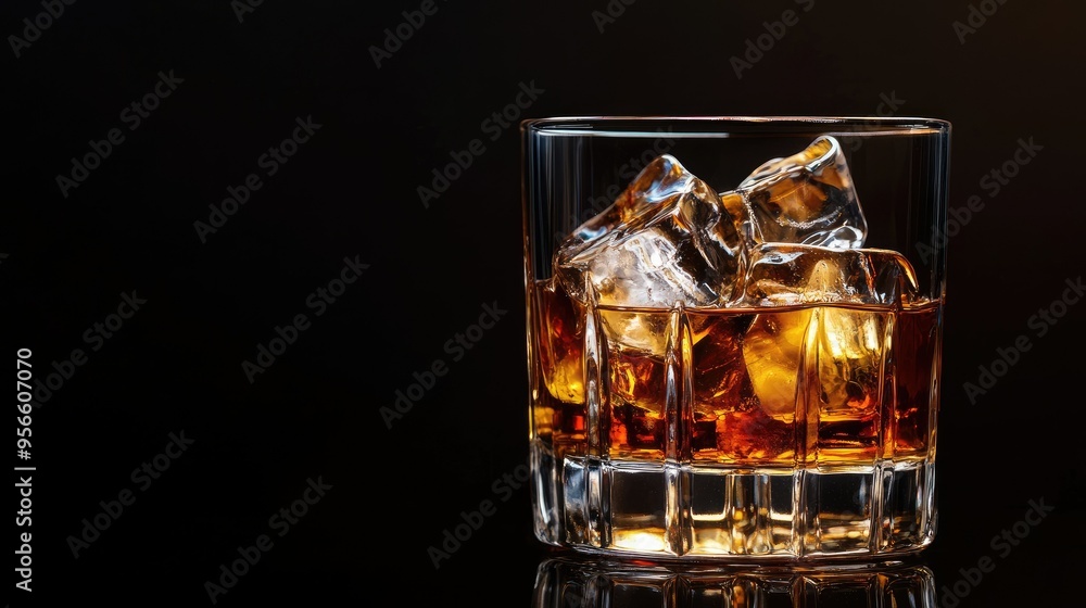 Whiskey served in a tumbler with ice, black background with selective focus on the drink, showcasing the amber tones and textures Whiskey served in a tumbler with ice, black background with selective focus on the drink, showcasing the amber tones and textures