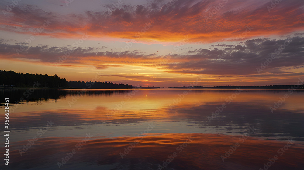 A serene lakeside at sunset, with the sky painted in shades of orange and pink, and the water reflecting the colors of the sky. Background A serene lakeside at sunset, with the sky painted in shades of orange and pink, and the water reflecting the colors of the sky. Background