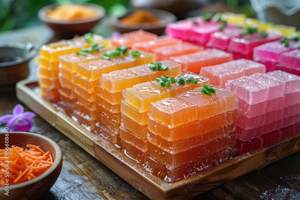 Malaysia: Kuih Lapis Multi-layered colorful steamed cake made from rice flour and coconut milk Malaysia: Kuih Lapis Multi-layered colorful steamed cake made from rice flour and coconut milk