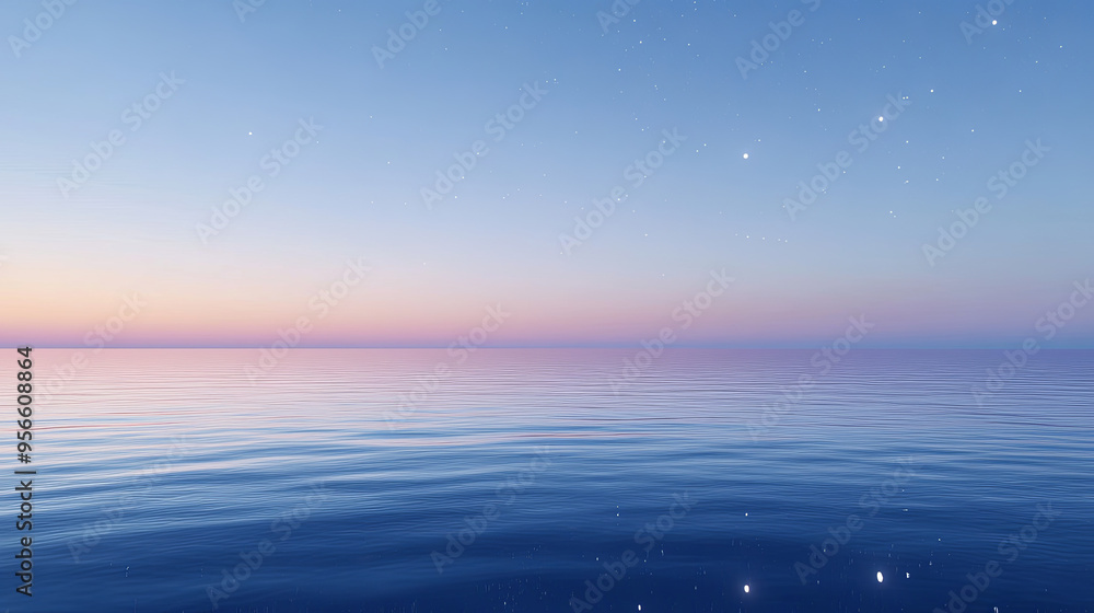 Obraz premium A calm sea under a twilight sky, the first stars appearing as the last light of day fades, reflecting on the smooth water