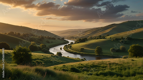 A peaceful countryside scene with rolling hills, a winding river, and the distant sound of birds singing. Background photo