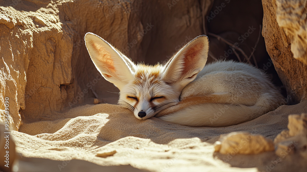 Fototapeta premium A captivating image of a fennec fox resting in its sandy enclosure, with its large ears and bright eyes capturing the viewers attention.