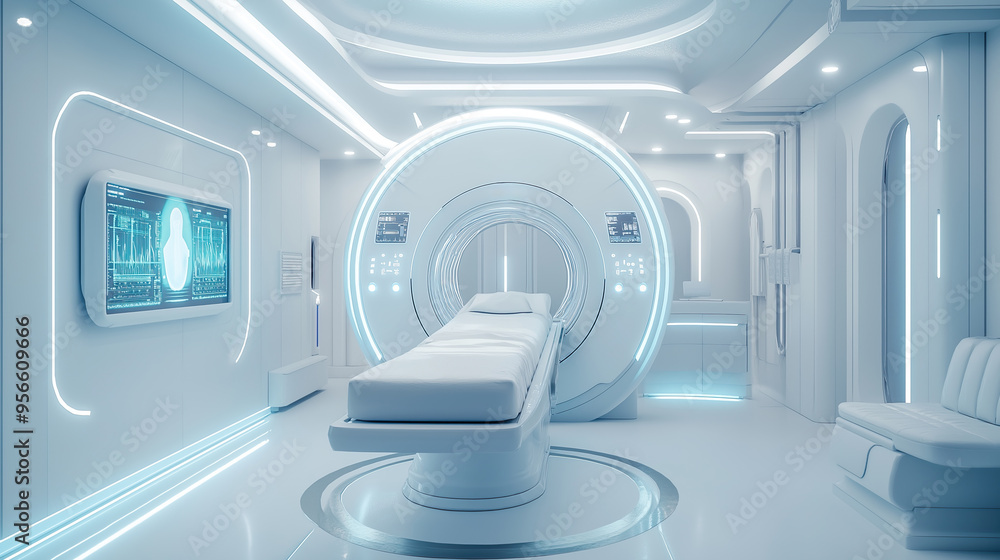 Futuristic Medical Room with Advanced MRI Scanner Futuristic Medical Room with Advanced MRI Scanner