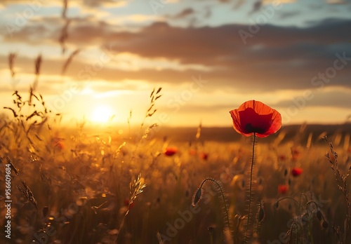 poppy field at sunset