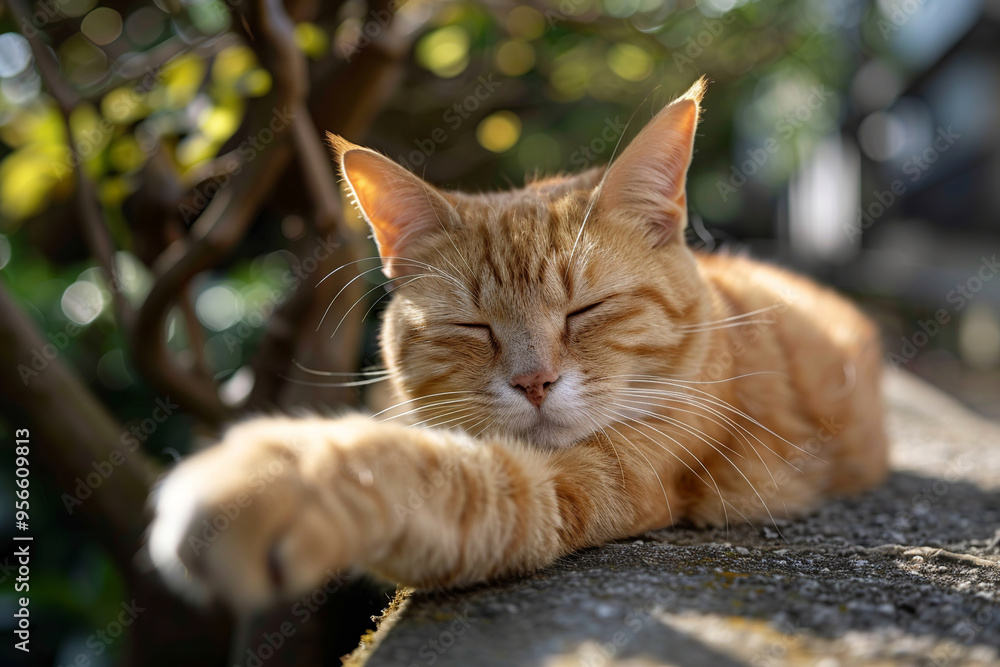 Fluffy orange cat extends its paw, basking in warm sunlight, surrounded by vibrant greenery in garden. Fluffy orange cat extends its paw, basking in warm sunlight, surrounded by vibrant greenery in garden.