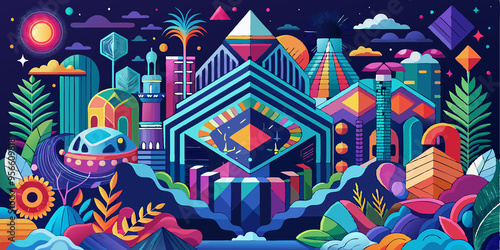 Abstract Geometric Cityscape with Lush Tropical Vegetation and a Night Sky