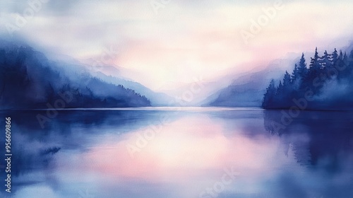 Wallpaper Mural Watercolor Painting of a Serene Lake and Mountain Landscape at Sunset Torontodigital.ca