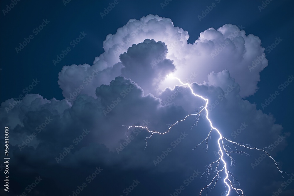 A large stormy cloud with a bright lightning bolt emerging from it, suitable for weather or nature-themed projects A large stormy cloud with a bright lightning bolt emerging from it, suitable for weather or nature-themed projects