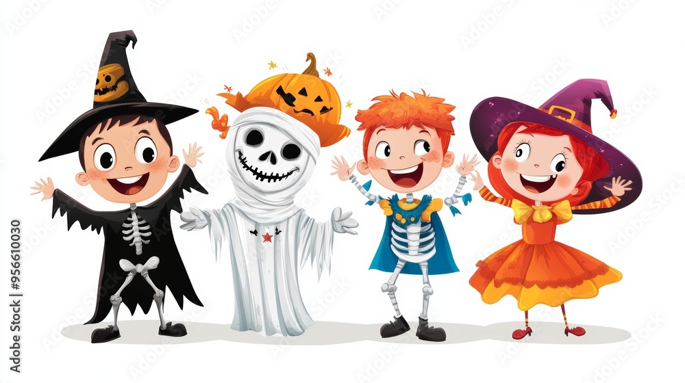 An illustration of four children in halloween costumes, including a vampire, a mummy, a princess, and a skeleton, standing in a semi-circle. The kids are all smiling and waving, with their costumes An illustration of four children in halloween costumes, including a vampire, a mummy, a princess, and a skeleton, standing in a semi-circle. The kids are all smiling and waving, with their costumes