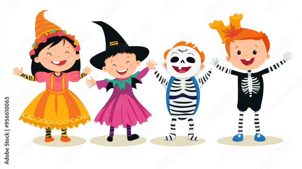 An illustration of four children in halloween costumes, including a vampire, a mummy, a princess, and a skeleton, standing in a semi-circle. The kids are all smiling and waving, with their costumes An illustration of four children in halloween costumes, including a vampire, a mummy, a princess, and a skeleton, standing in a semi-circle. The kids are all smiling and waving, with their costumes