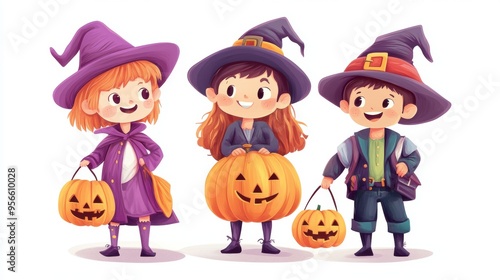 A playful halloween illustration featuring three children in colorful costumes, including a witch, a pirate, and a pumpkin, all standing in a line. Each child is holding a trick-or-treat bag and