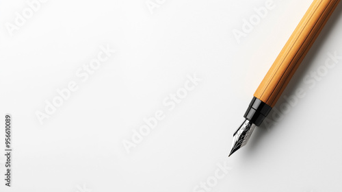 Close-up of a fountain pen with a wooden barrel and metal nib on a white background.