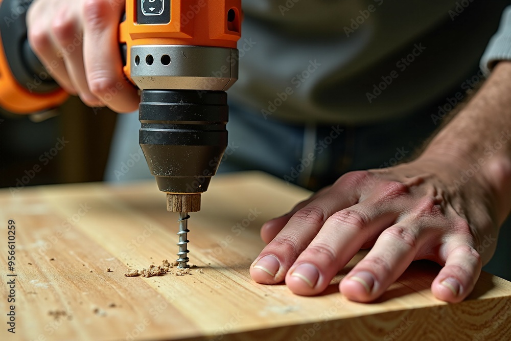 A person is drilling a wooden piece using a power tool A person is drilling a wooden piece using a power tool