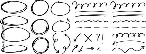 Marker lines isolated on transparent background. Set of different doodle, underline, arrows. Hand drawn marker stripes. Scrawl texture underline effect. Vector EPS 10