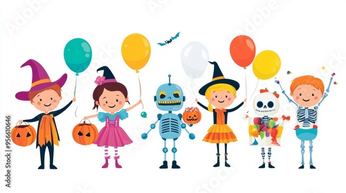 A Halloween illustration showing a group of kids in costumes, including a robot, a witch, and a skeleton, all holding balloons and candy bags. The children are excited and ready for the party, with