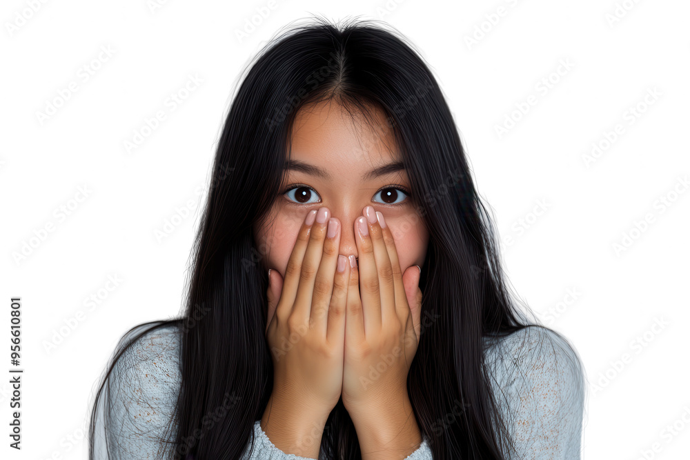 Astonished Young Asian Woman with Hands Covering Mouth on Transparent Background Astonished Young Asian Woman with Hands Covering Mouth on Transparent Background