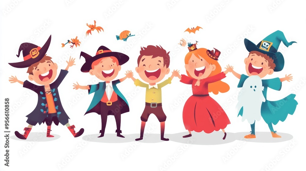 An illustration of a group of kids in halloween costumes, including a vampire, a pirate, and a ghost, all standing in a circle and holding hands. The children are smiling and having fun, with their An illustration of a group of kids in halloween costumes, including a vampire, a pirate, and a ghost, all standing in a circle and holding hands. The children are smiling and having fun, with their