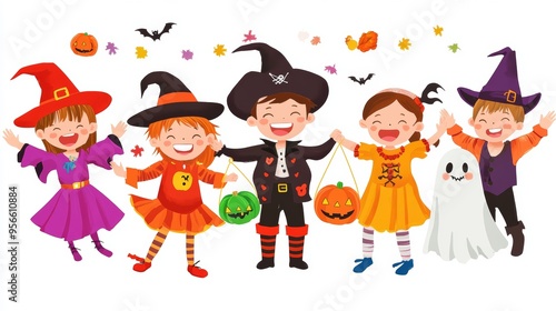 Wallpaper Mural An illustration of a group of kids in Halloween costumes, including a vampire, a pirate, and a ghost, all standing in a circle and holding hands. The children are smiling and having fun, with their Torontodigital.ca