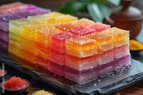 Malaysia: Kuih Lapis Multi-layered colorful steamed cake made from rice flour and coconut milk photo