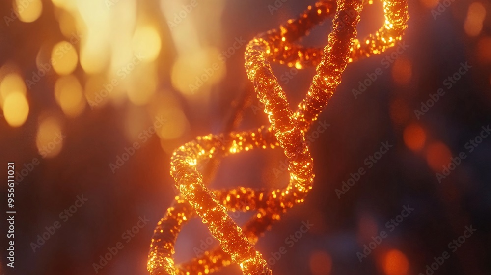 A close-up of a glowing golden DNA helix against a blurry background of warm lights. A close-up of a glowing golden DNA helix against a blurry background of warm lights.