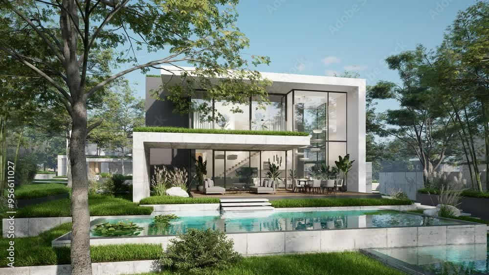 4K video rendering of flat roof house with parking and pool for sale or rent with concrete facade and beautiful landscaping on background. Clear sunny summer day with blue sky. 4K video rendering of flat roof house with parking and pool for sale or rent with concrete facade and beautiful landscaping on background. Clear sunny summer day with blue sky.