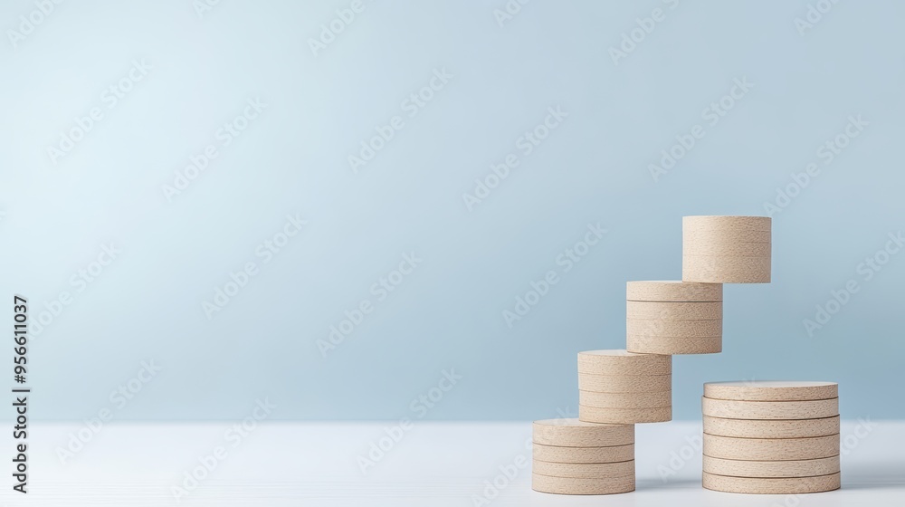 Minimalist wooden blocks arranged in a staircase pattern, symbolizing growth, progress, and development on a soft blue background. Minimalist wooden blocks arranged in a staircase pattern, symbolizing growth, progress, and development on a soft blue background.