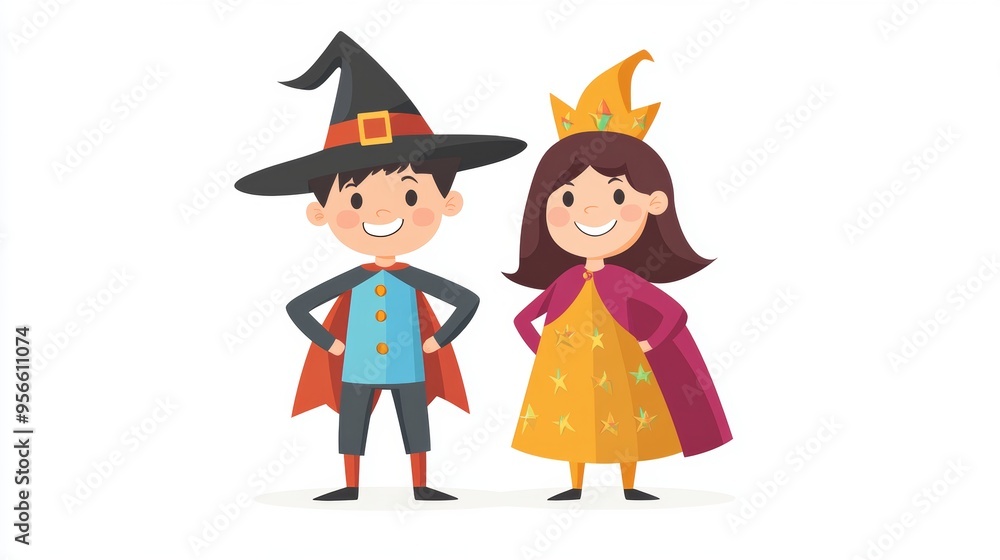 An illustration of two children in Halloween costumes, one dressed as a wizard and the other as a princess, standing with their hands on their hips. The kids are smiling and looking confident, with An illustration of two children in Halloween costumes, one dressed as a wizard and the other as a princess, standing with their hands on their hips. The kids are smiling and looking confident, with