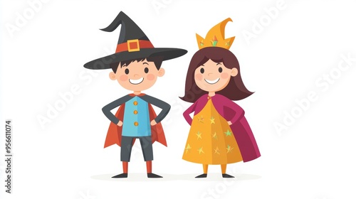 An illustration of two children in Halloween costumes, one dressed as a wizard and the other as a princess, standing with their hands on their hips. The kids are smiling and looking confident, with