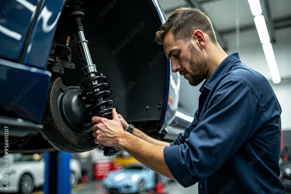 A person repairs or maintains a car in a home garage