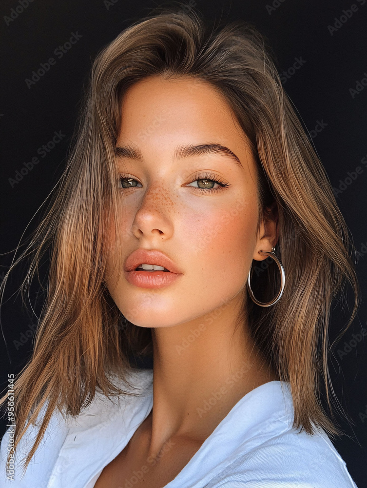 Close-up portrait of a woman with hoop earrings Close-up portrait of a woman with hoop earrings