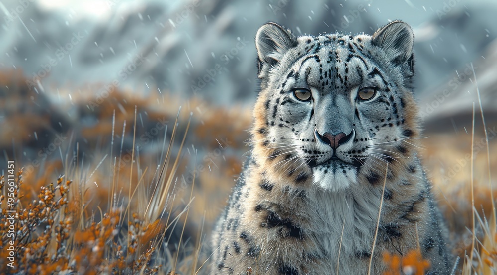 Fototapeta premium A solitary snow leopard, its spotted fur camouflaged against the snowy landscape, gazes intently into the distance, a silent predator in a frozen world