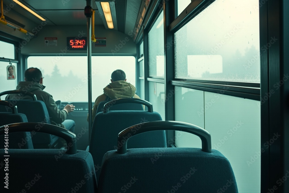 Naklejka premium Two individuals sitting on a public transportation vehicle, lost in thought while observing the passing scenery