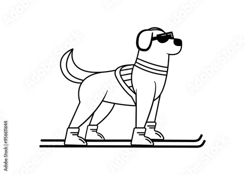 dog skiing, sport, animal, line art, silhouette