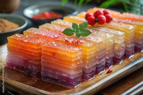 Malaysia: Kuih Lapis Multi-layered colorful steamed cake made from rice flour and coconut milk photo