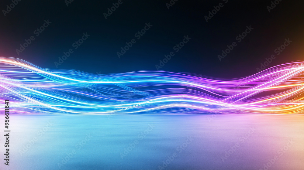 Futuristic Sci-Fi Abstract Blue And Purple Neon Light Shapes On Black Background And Reflective Concrete With Empty Space For Text Futuristic Sci-Fi Abstract Blue And Purple Neon Light Shapes On Black Background And Reflective Concrete With Empty Space For Text