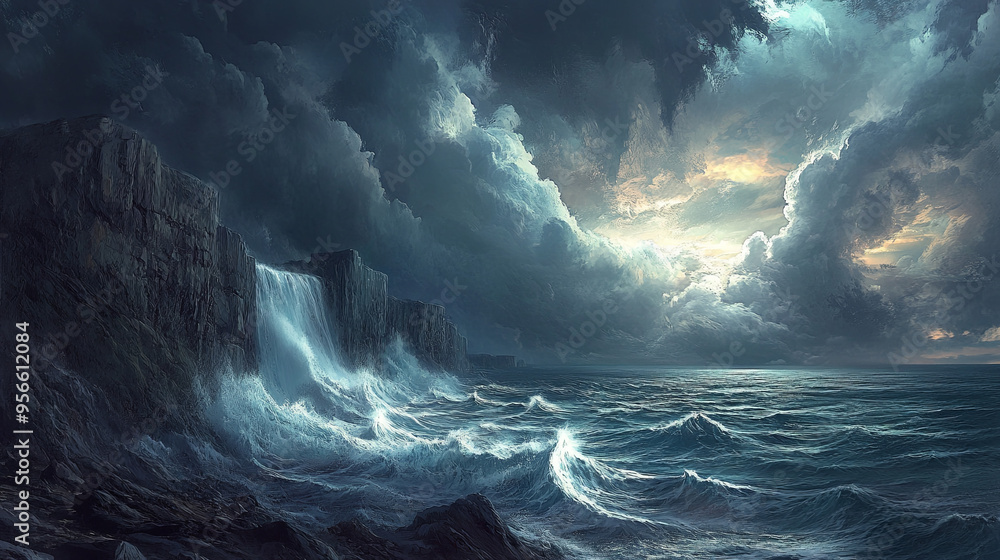 Fototapeta premium A dramatic sky filled with dark storm clouds over a restless sea, with waves crashing against rocky cliffs