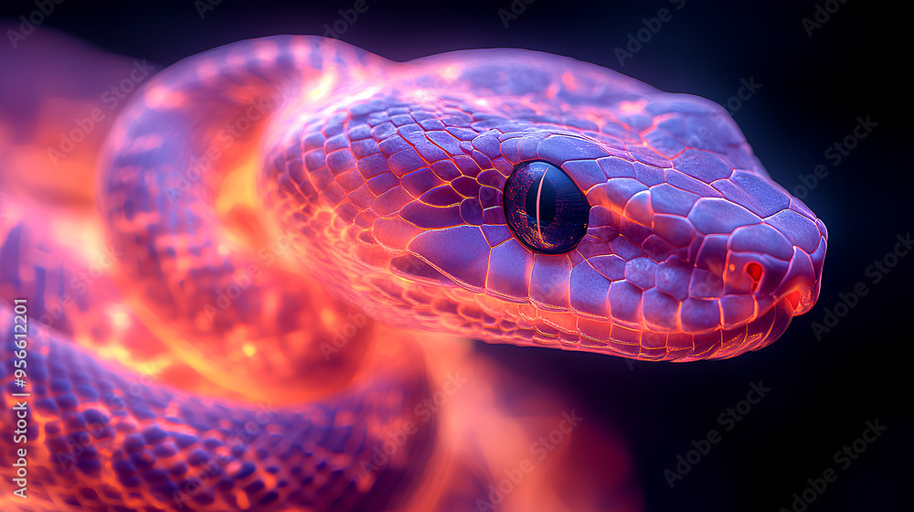 snake, the head of a snake in a multi-colored flame. Abstract multicolored profile portrait of a snake head on a black background snake, the head of a snake in a multi-colored flame. Abstract multicolored profile portrait of a snake head on a black background