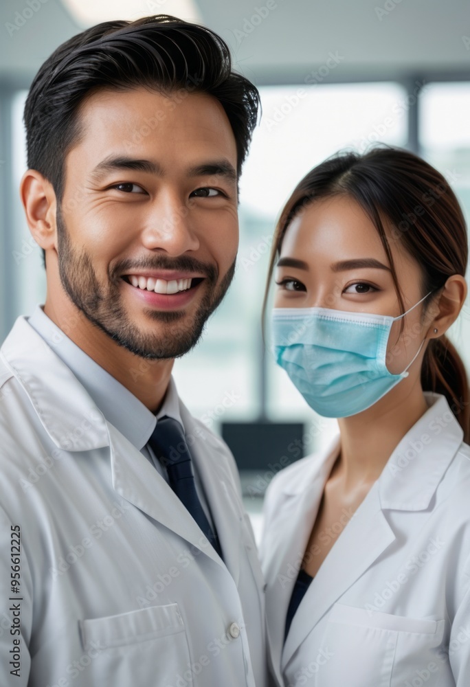 A male and female doctor standing together in a clinic, focusing on healthcare and teamwork. A male and female doctor standing together in a clinic, focusing on healthcare and teamwork.