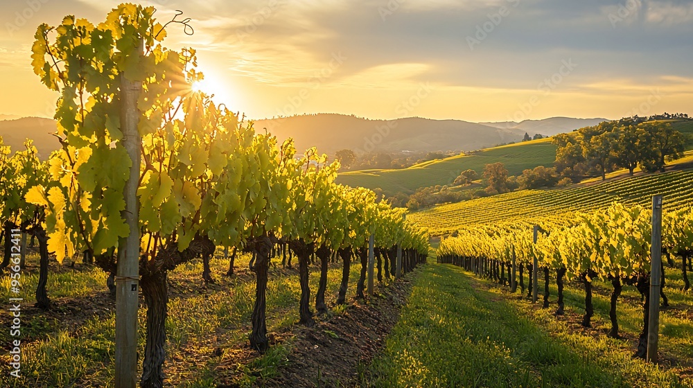 Naklejka premium Sunset over a vineyard with rows of grape vines and hills in the distance.