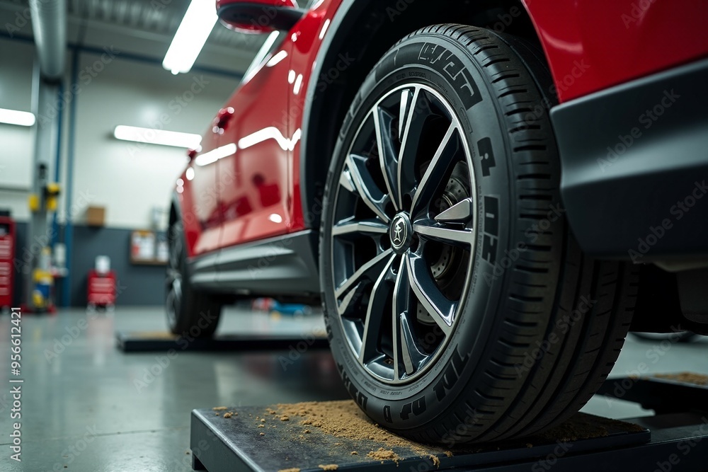 A detailed view of a tire sitting on a raised platform, ready for use or inspection A detailed view of a tire sitting on a raised platform, ready for use or inspection