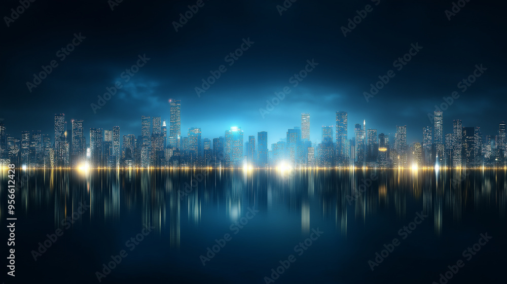 Fototapeta premium Futuristic sci-fi cityscape with glowing lights and reflections