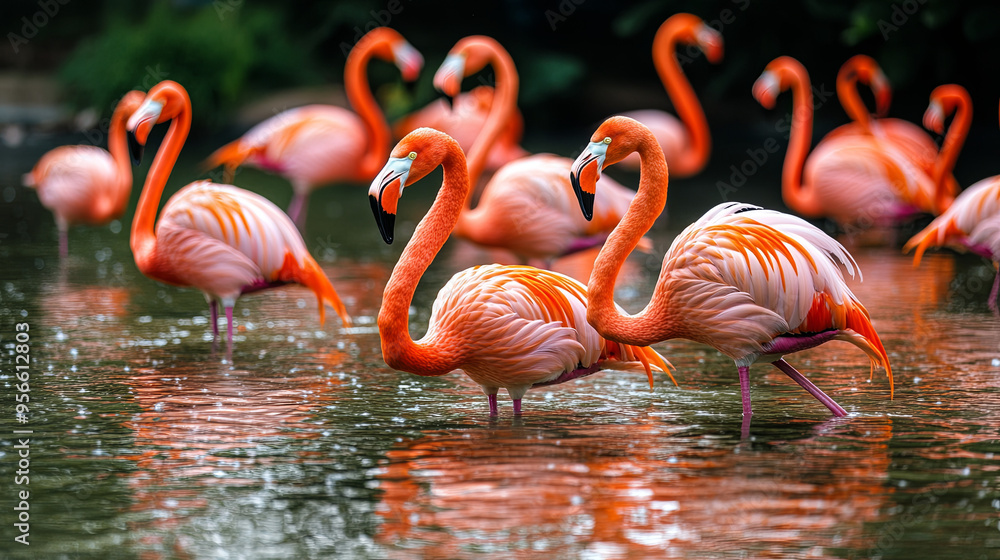 Fototapeta premium A flock of flamingos wading in a shallow lagoon in their zoo exhibit, their vibrant pink feathers standing out against the water.