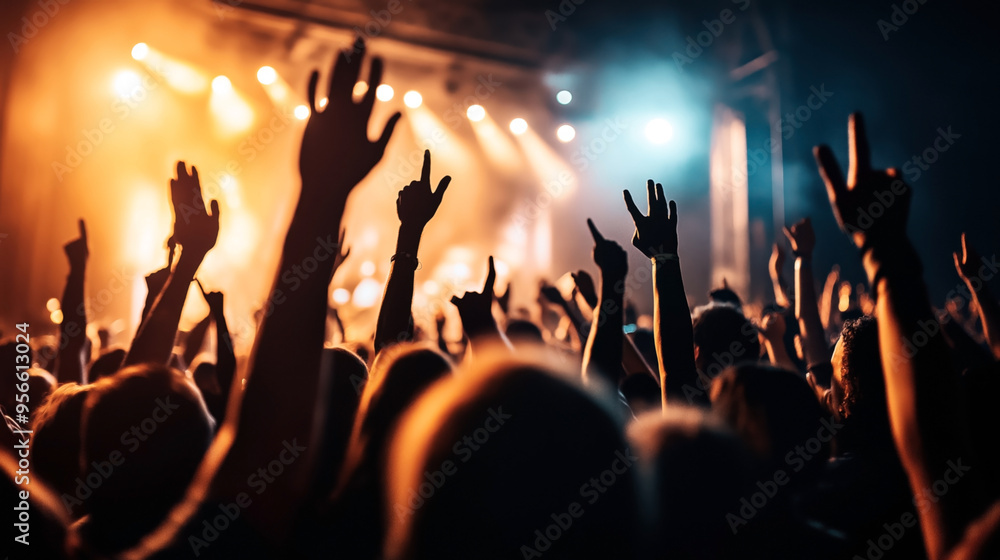 custom made wallpaper toronto digitalA lively crowd with raised hands enjoying a concert under vibrant stage lighting. The image captures the energy and excitement of the live music event.