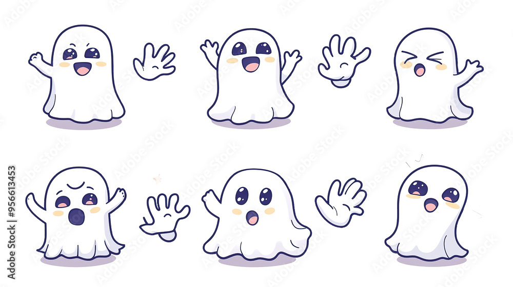 Set of playful ghost sheet cartoons, logo icons, on a transparent background.