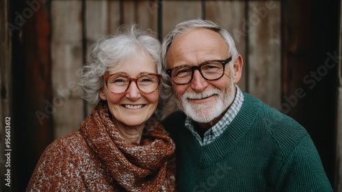 An elderly couple wearing warm sweaters stands outdoors, smiling warmly. The rustic background adds a sense of comfort and nostalgia to the scene.